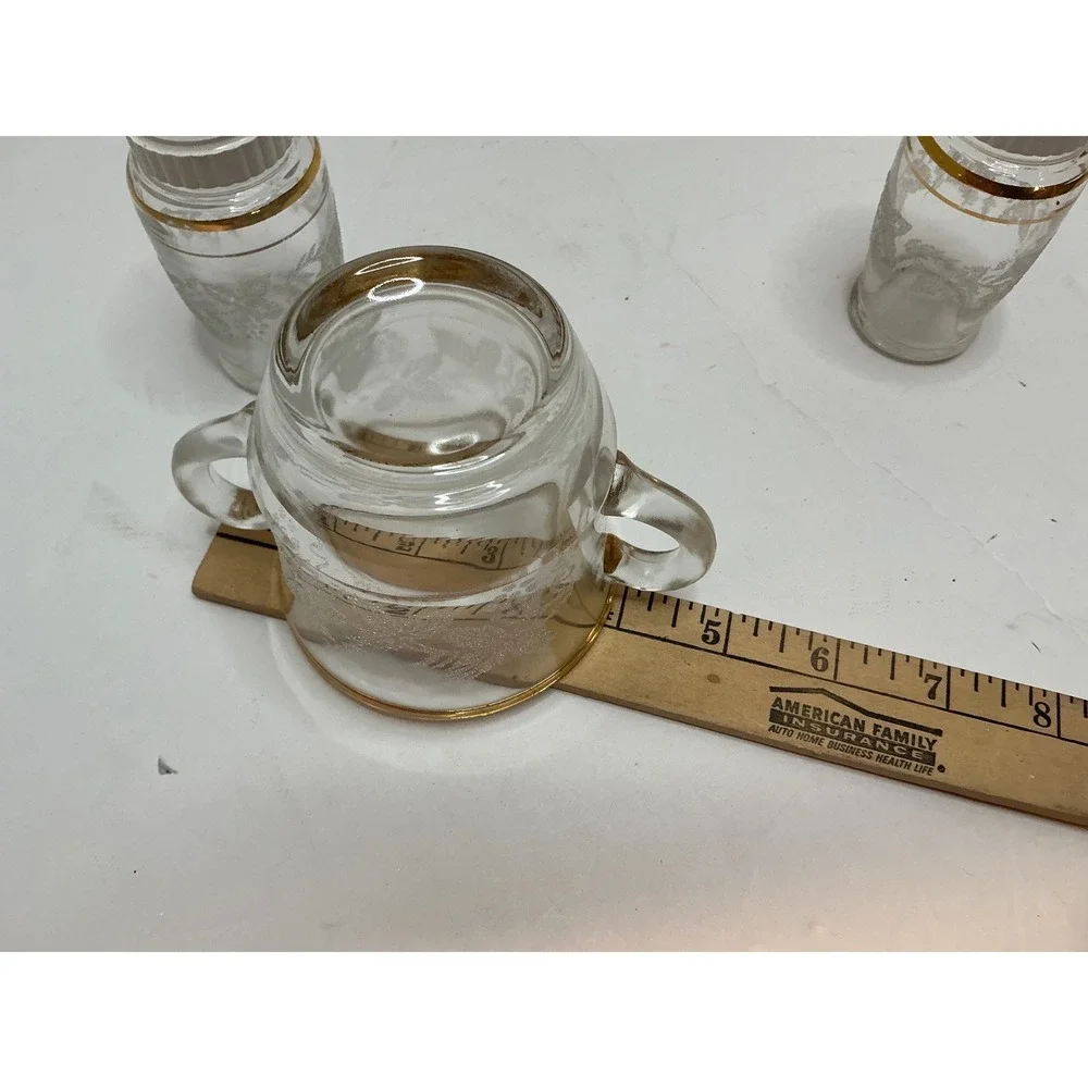 Bartlett Collins Vintage 4pc Table Set Sugar Creamer Salt Pepper Gold Trim Glass